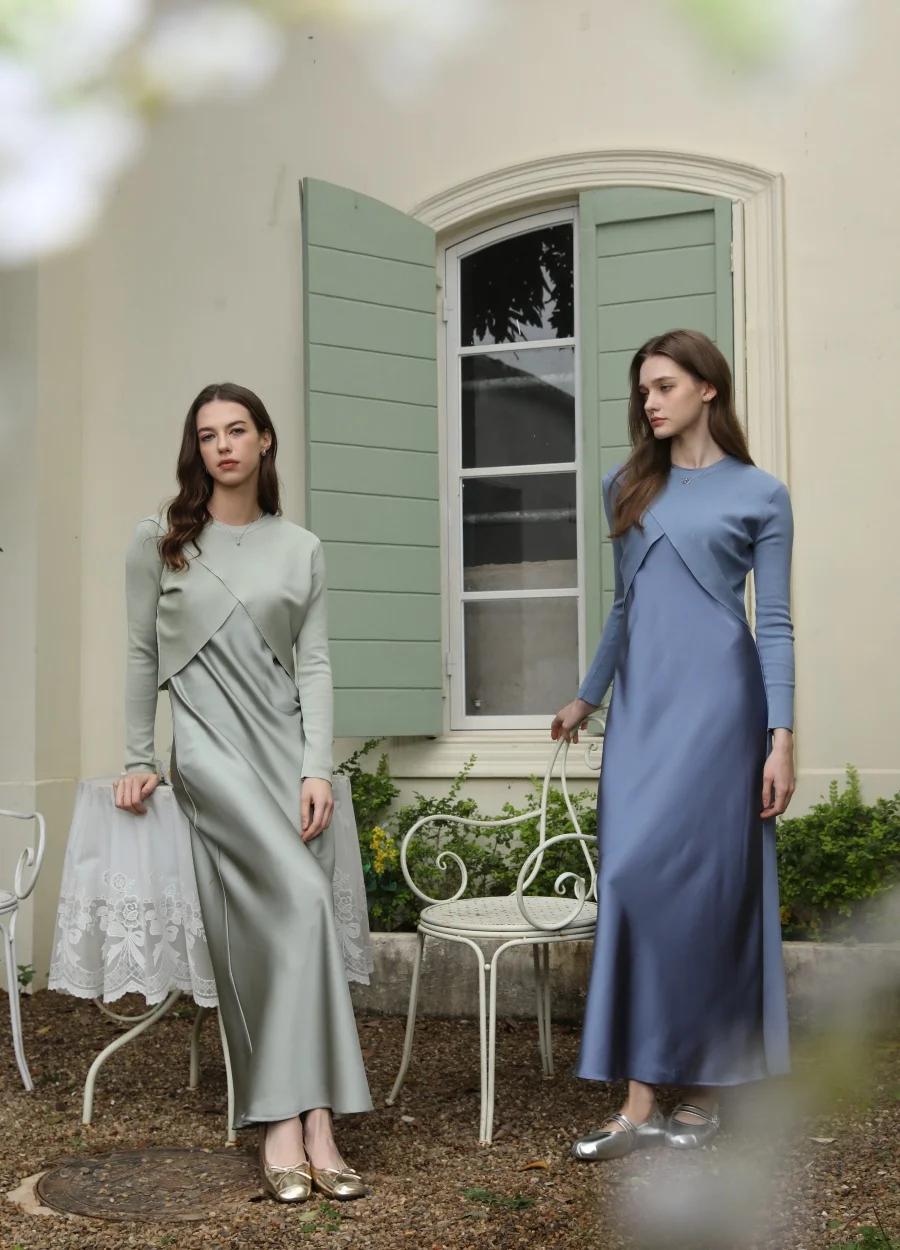 AS 2025 spring summer elegance satin dress + knitted top match set maxi floor length woman clothes - Image 2