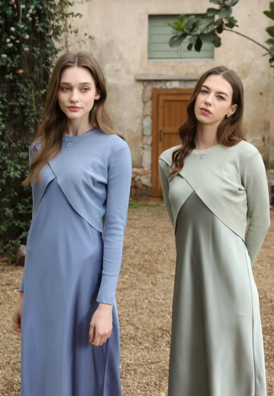 AS 2025 spring summer elegance satin dress + knitted top match set maxi floor length woman clothes - Image 3