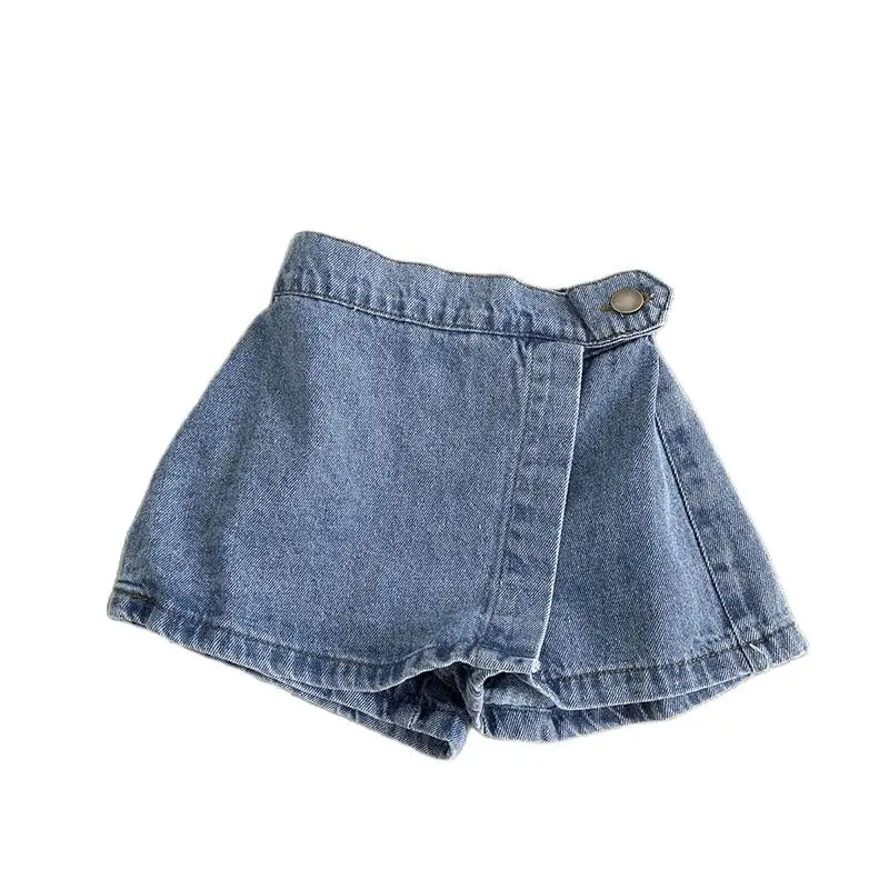 Korean Fashion New Summer Kids Girl Skirt Shorts Solid Elastic Waist Button Soft Denim Culotte Children Versatile Clothing - Image 2