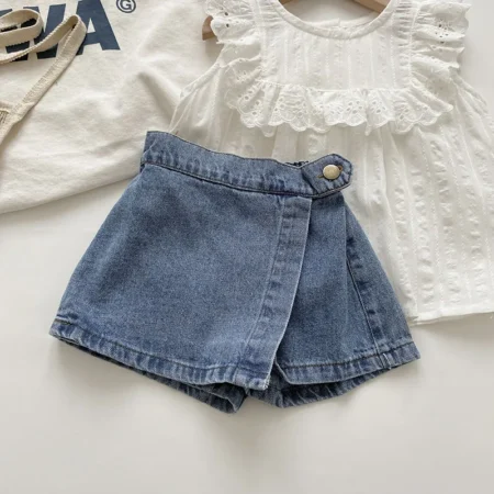 Korean Fashion New Summer Kids Girl Skirt Shorts Solid Elastic Waist Button Soft Denim Culotte Children Versatile Clothing