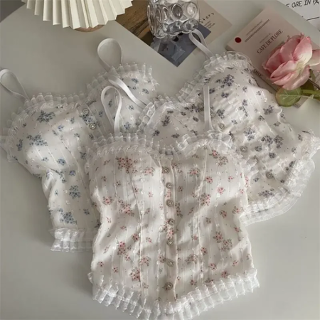 Floral Tube Tops French Wood Ear-hem Camisole Women's Breathable Lace