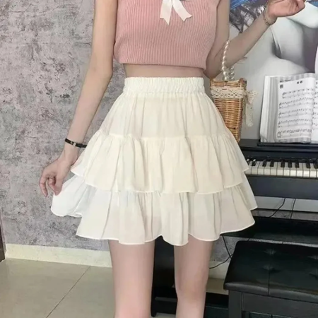 Pleated A-line Skirt White Women Ruffles Sweet Hottie Preppy Style