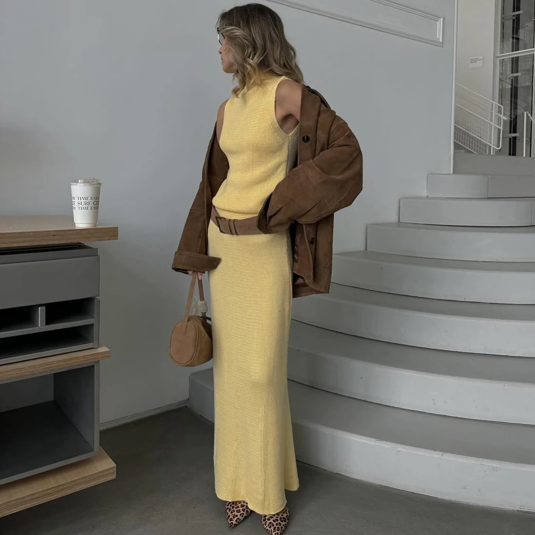Tuularose Elegant Long Skirt Two-piece Set Women's Sleeveless Knitted Turtleneck Vest Slim Skirt Set 2025 New Fashion Skirt Set - Image 2