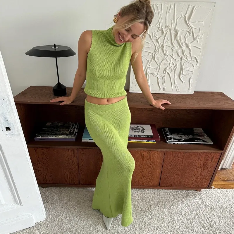 Tuularose Elegant Long Skirt Two-piece Set Women's Sleeveless Knitted Turtleneck Vest Slim Skirt Set 2025 New Fashion Skirt Set - Image 5