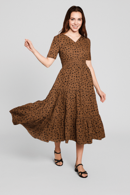 Women's Printed Half Sleeve V-Neck Casual Dress-Brown (Size-S)
