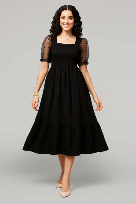 Women's Solid Fit & Flare Midi Dress-Black (Size-L)