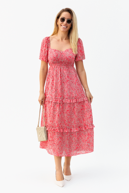 Women's Floral Puff Sleeve | Flowy Long Dress-Pink (Size-S)