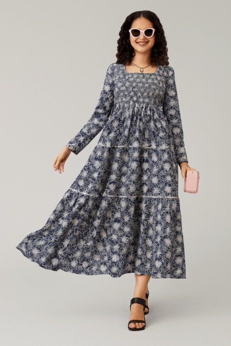 Women’s Floral Printed Flare Maxi Dress-Grey (Size-XL)